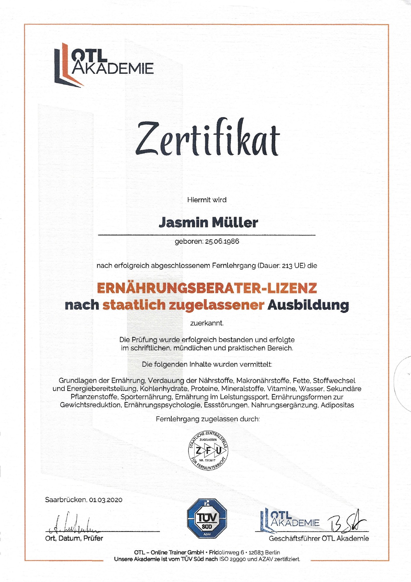 Lizenz Ernährungsberaterin von Jasmin Müller