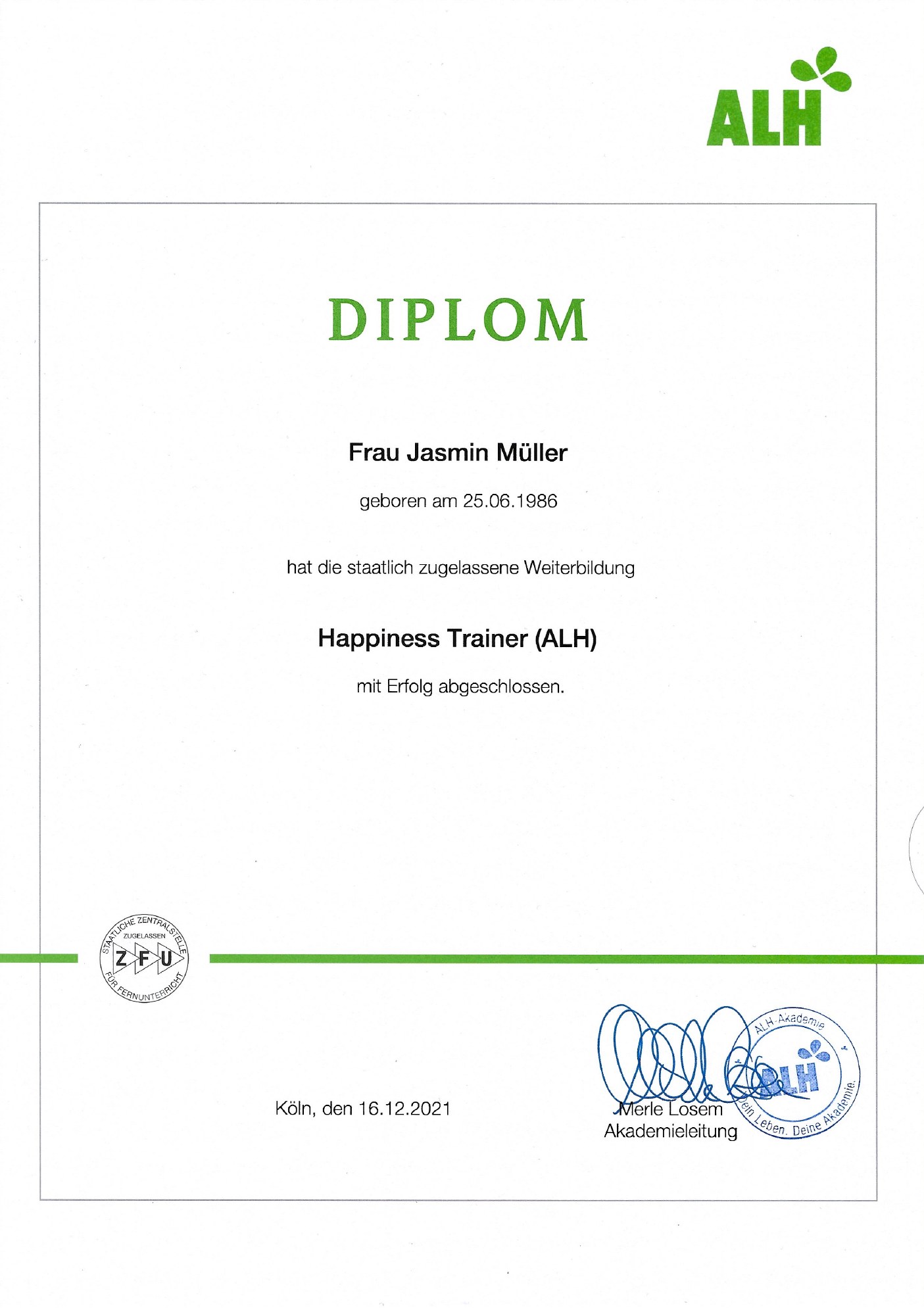 Diplom Happiness Trainerin ALH von Jasmin Müller