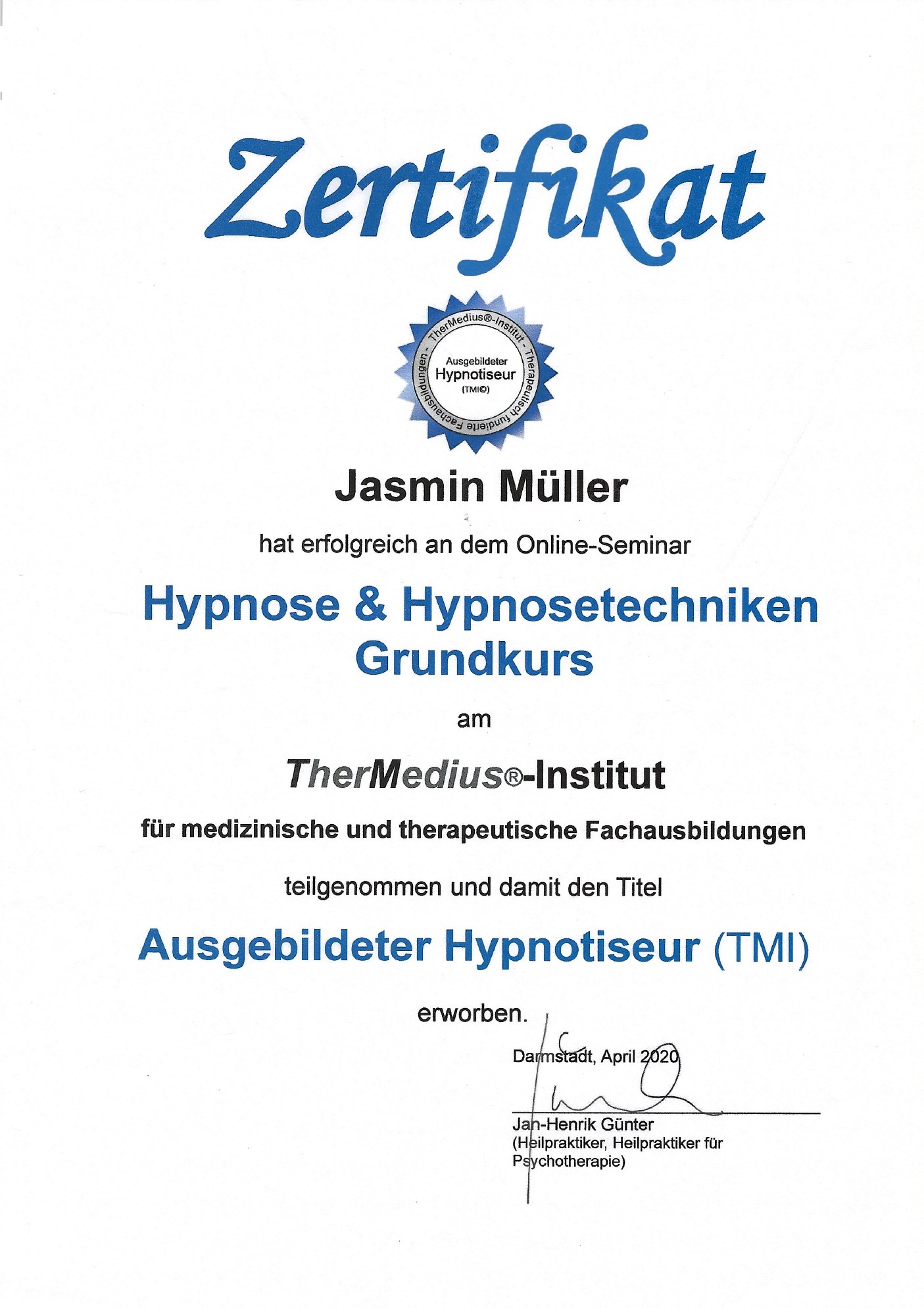 Lizenz Hypnoseausbildung von Jasmin Müller