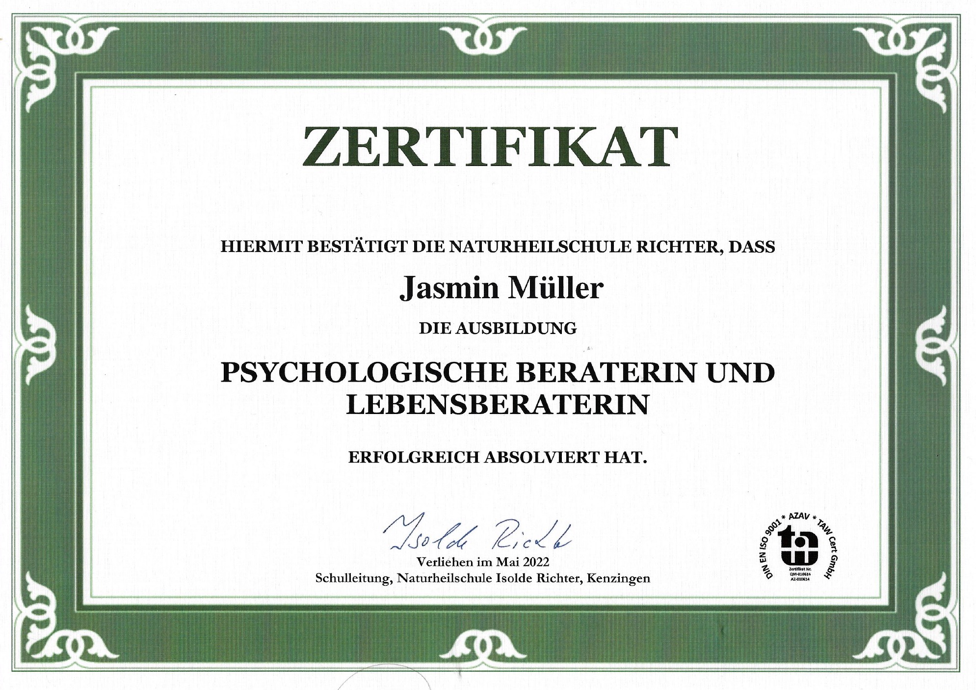 Zertifikat Psychologische Beraterin von Jasmin Müller
